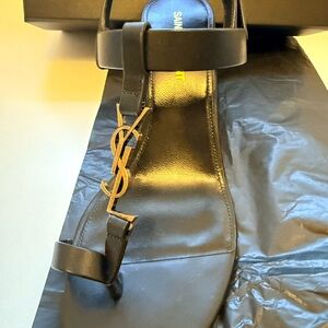 Yves Saint Laurent Black Leather Thong Heel with Gold YSL Logo